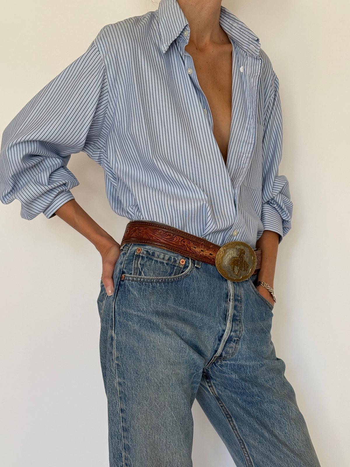 Vintage Oversized Stripe Cotton Shirt Light Blue 7934