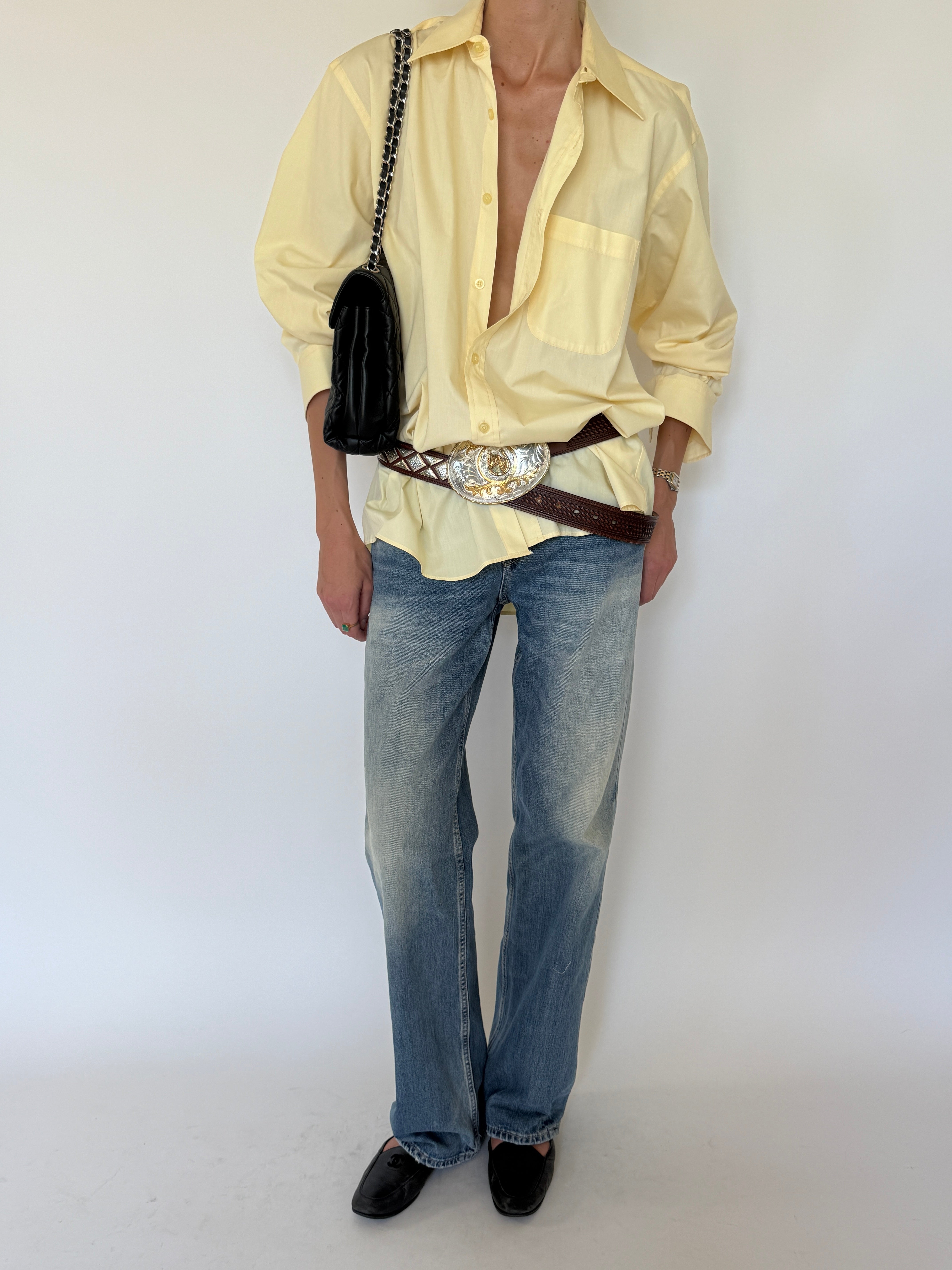 Vintage butter yellow oversized button-up shirt front view