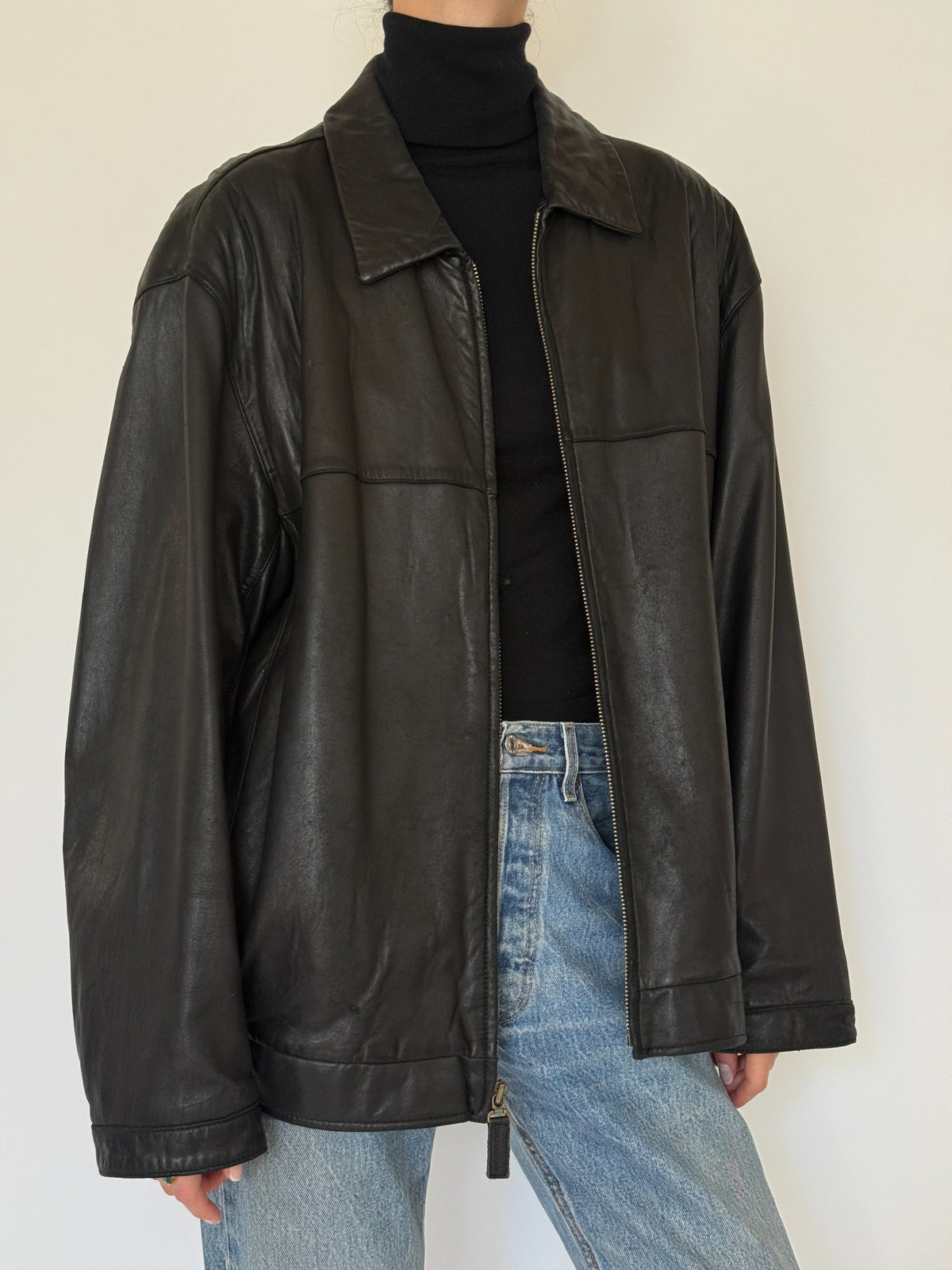 Vintage oversized black leather zip-up jacket