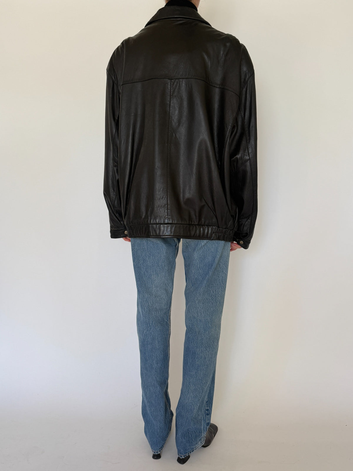 Vintage oversized black leather zip-up jacket