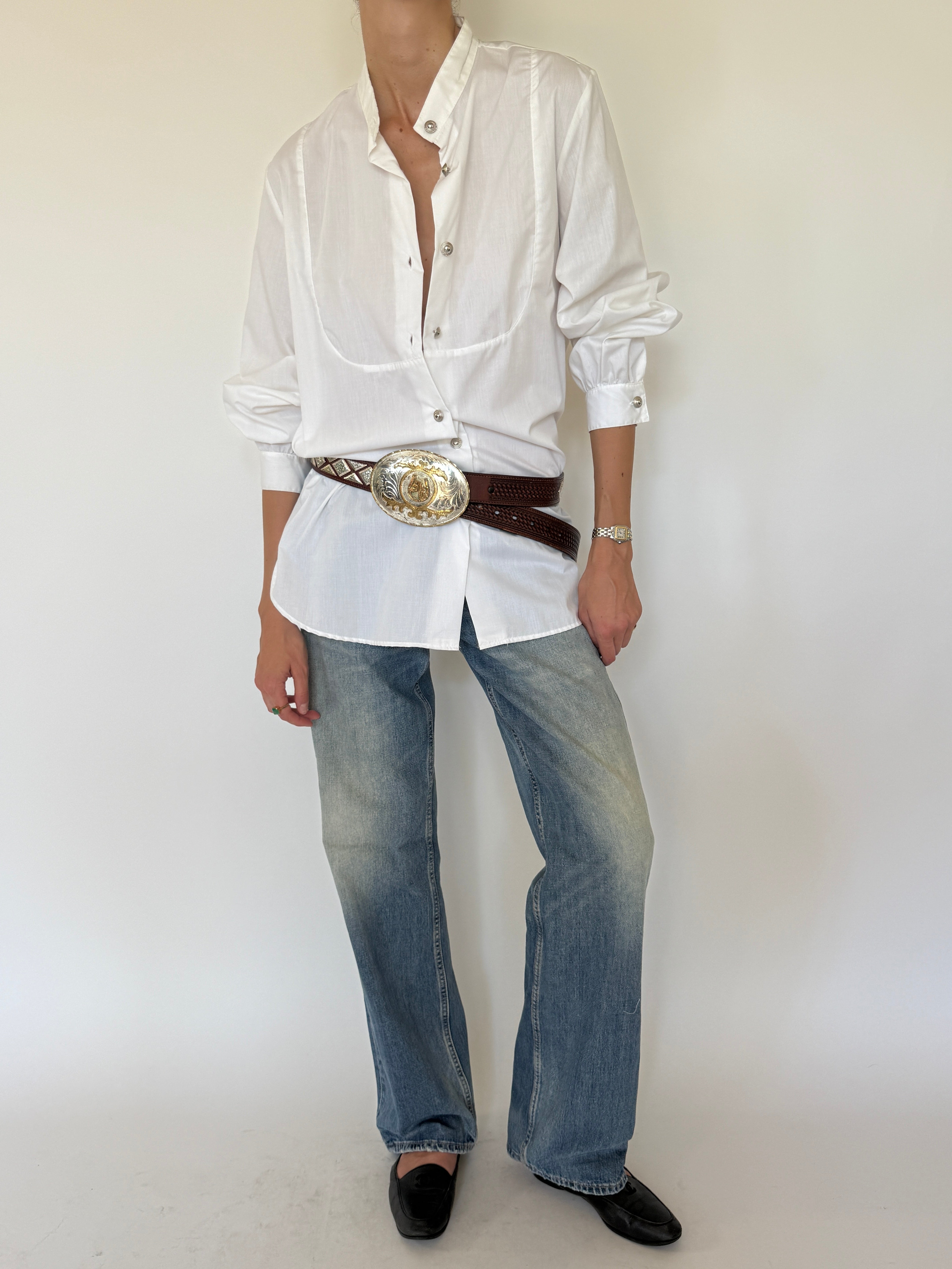 Vintage lightweight white button-up shirt front view
