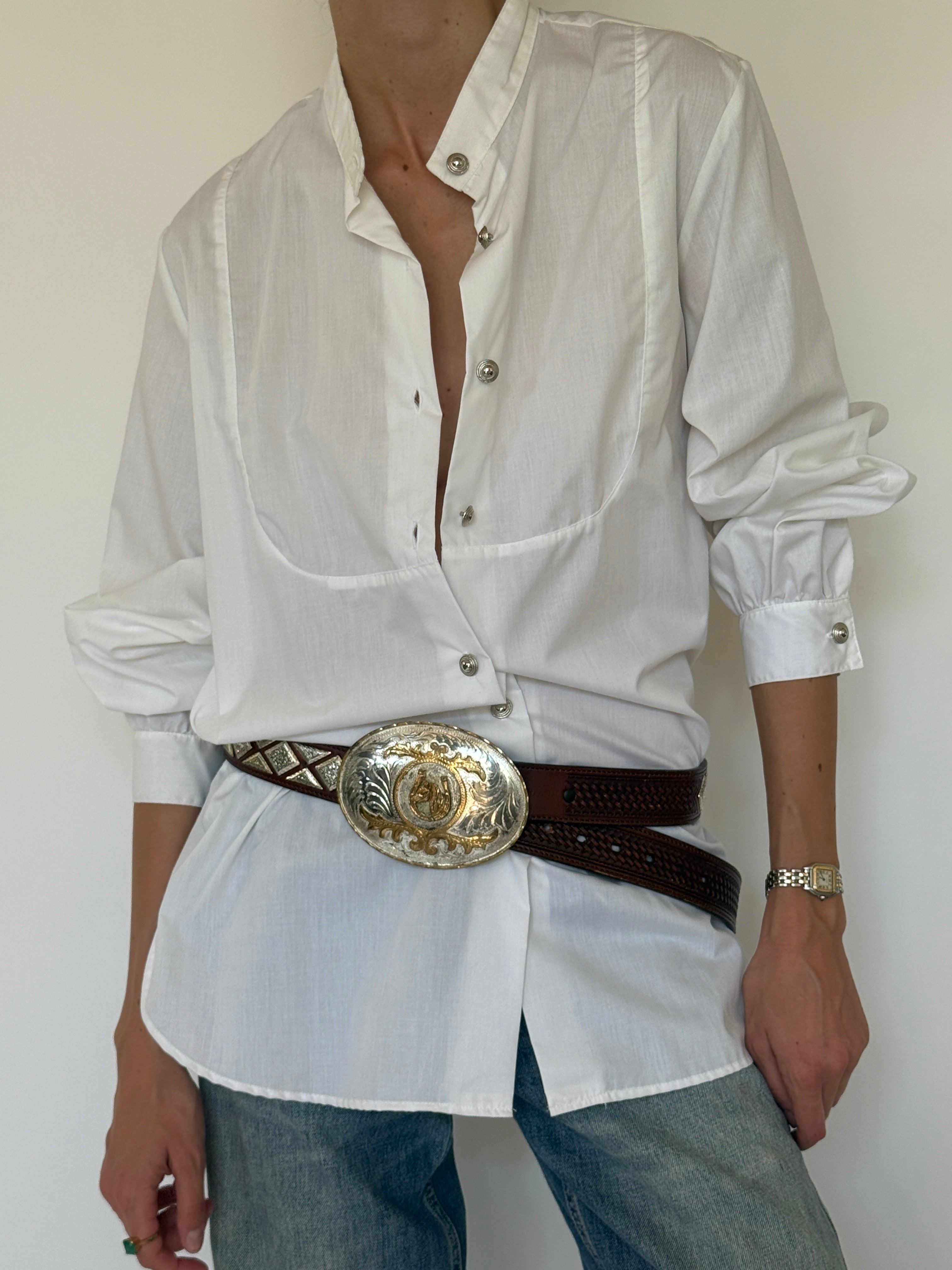 Vintage lightweight white button-up shirt front view