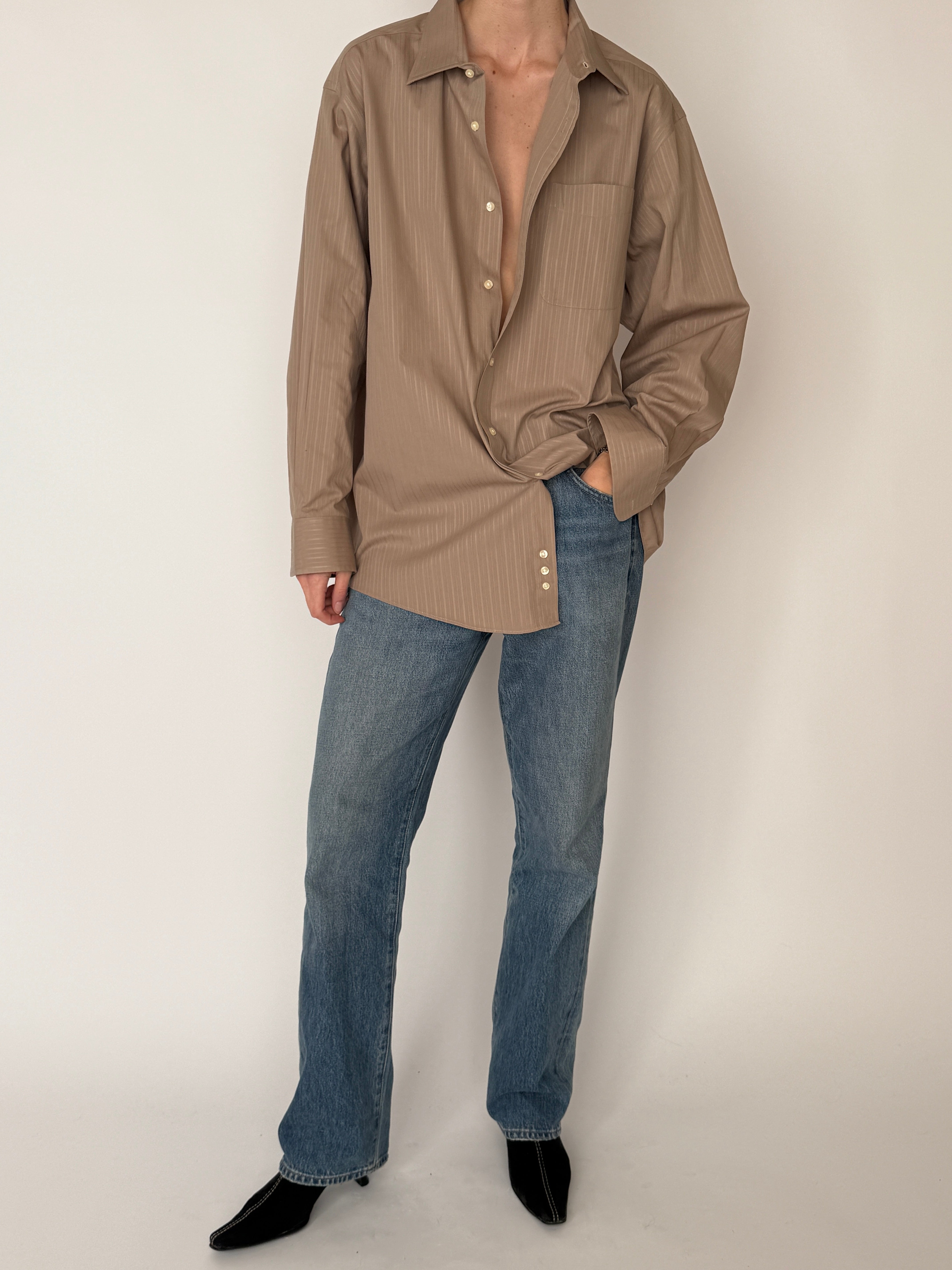 Vintage taupe sheer pinstripe shirt full look