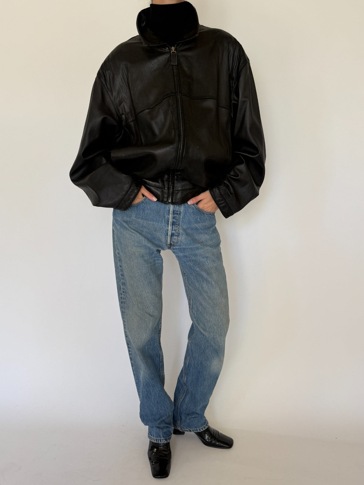 Vintage oversized black leather zip-up jacket