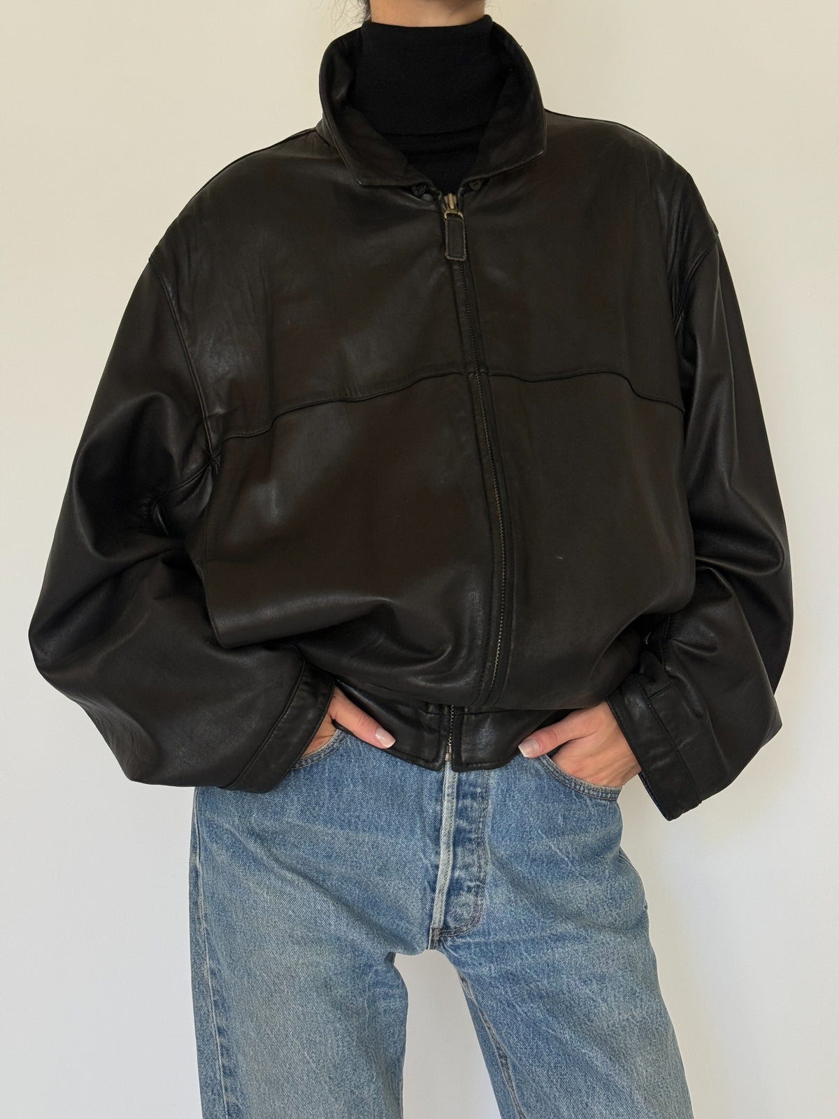 Vintage oversized black leather zip-up jacket