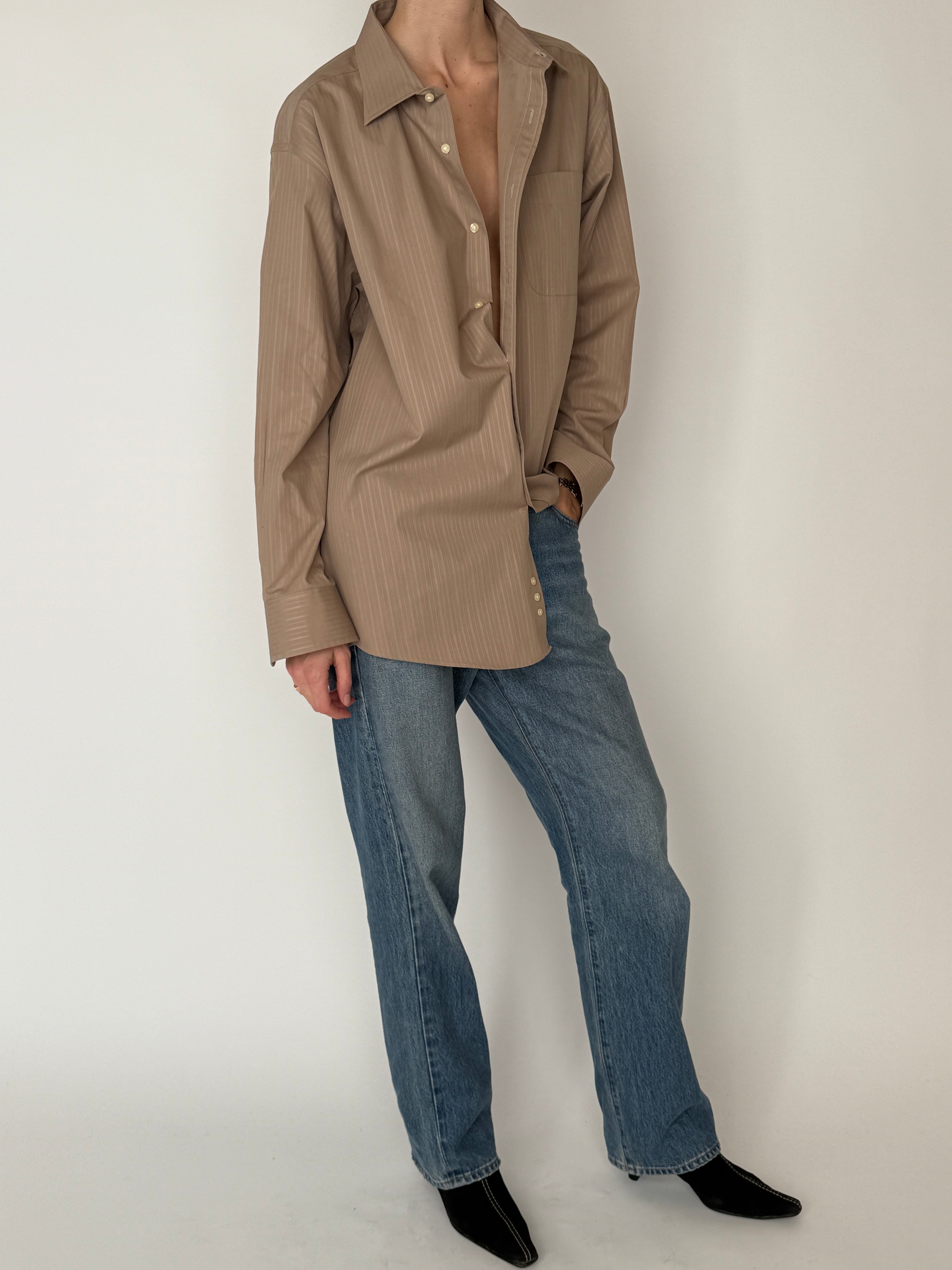 Vintage taupe pinstripe shirt side view