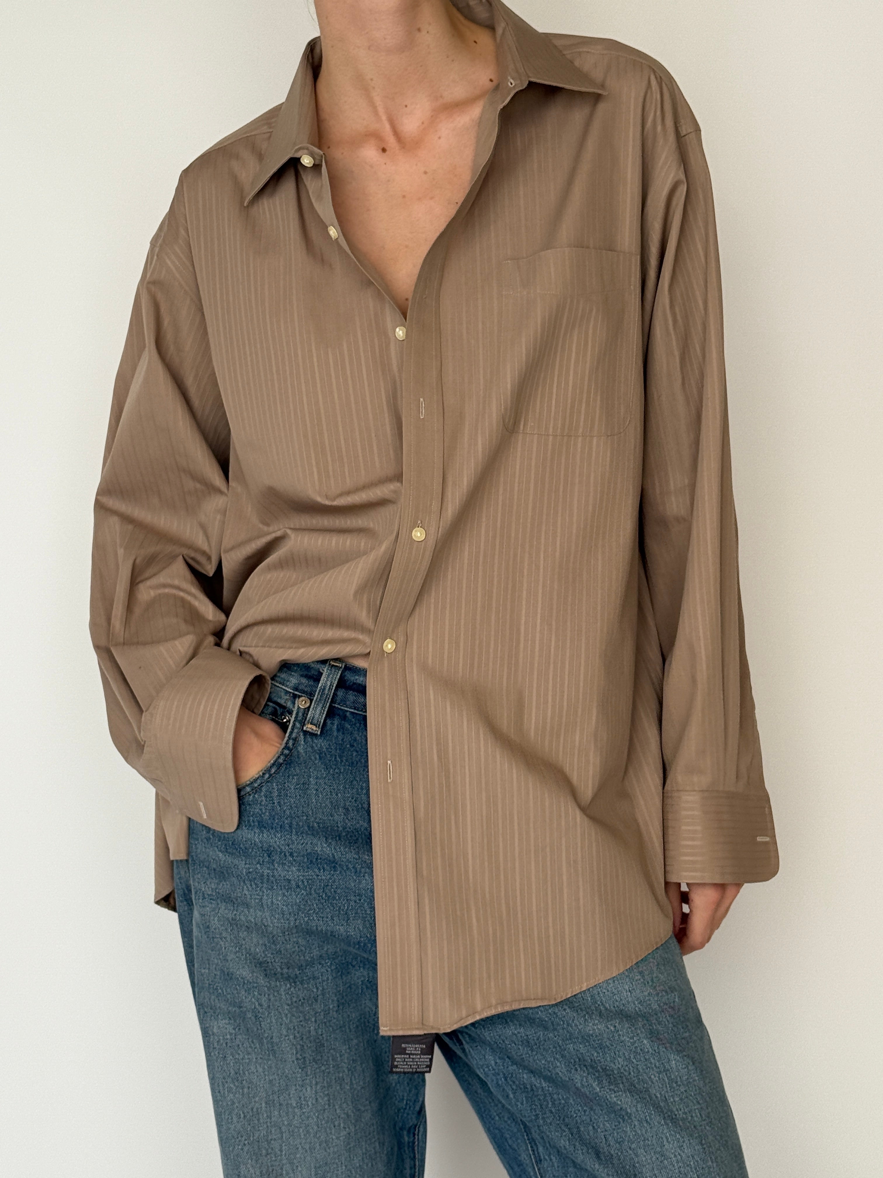 Vintage taupe pinstripe shirt chest pocket detail