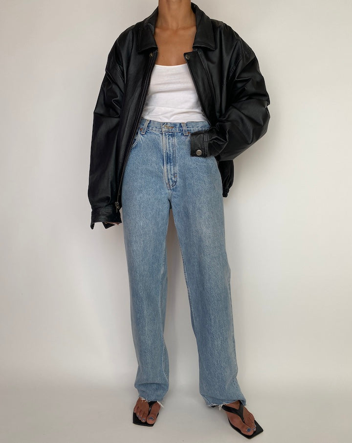 VINTAGE OVERSIZED BOXY BLACK LEATHER JACKET 2998