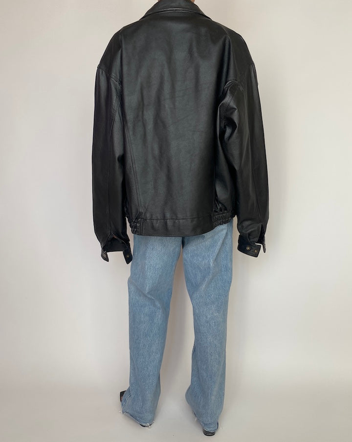 VINTAGE OVERSIZED BOXY BLACK LEATHER JACKET 2998