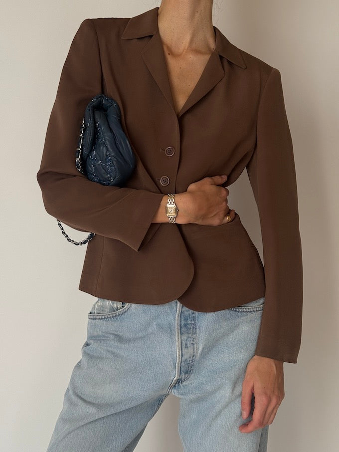 Vintage Tailored Silk Blazer Chocolate Brown