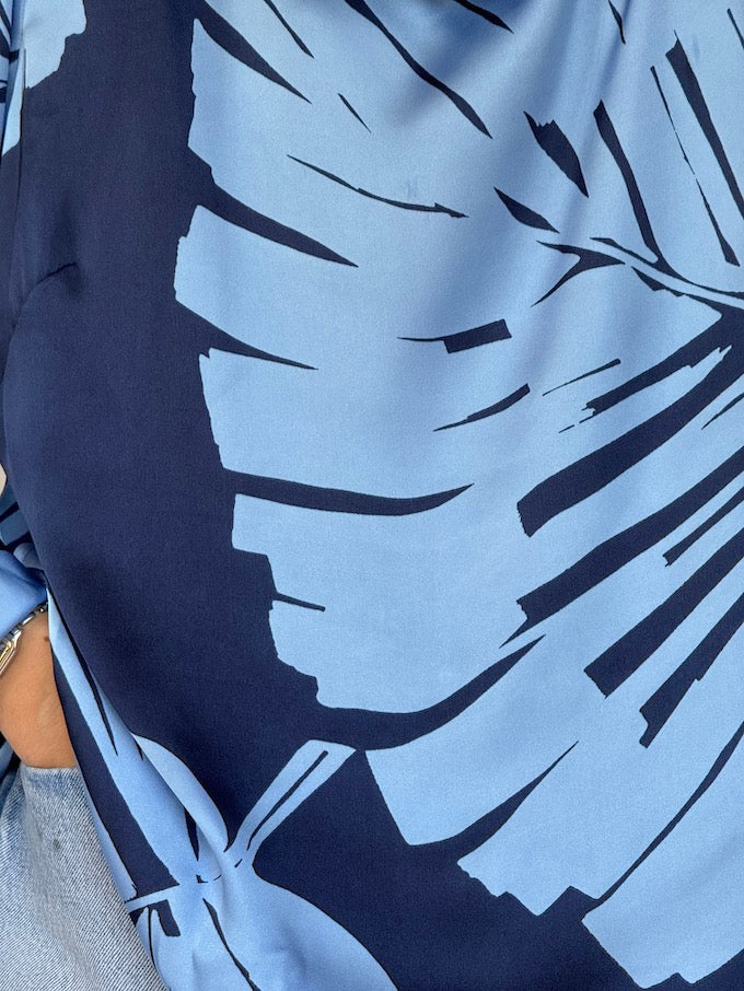 Vintage oversized palm leaf printed top blue 6333