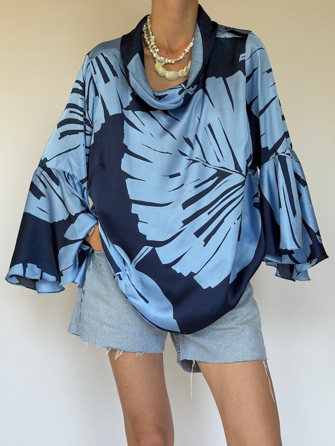Vintage oversized palm leaf printed top blue 6333