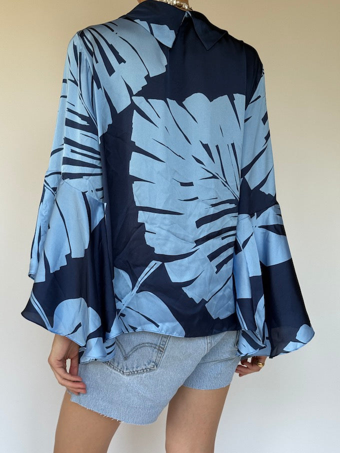 Vintage oversized palm leaf printed top blue 6333