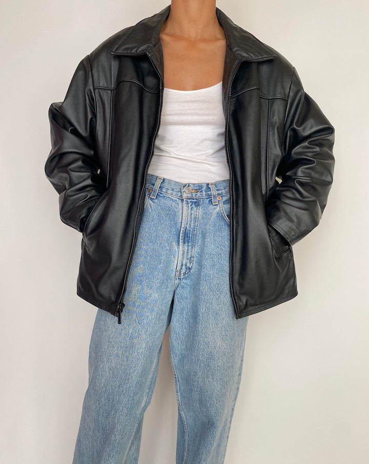 VINTAGE OVERSIZED BLACK LEATHER JACKET 3001