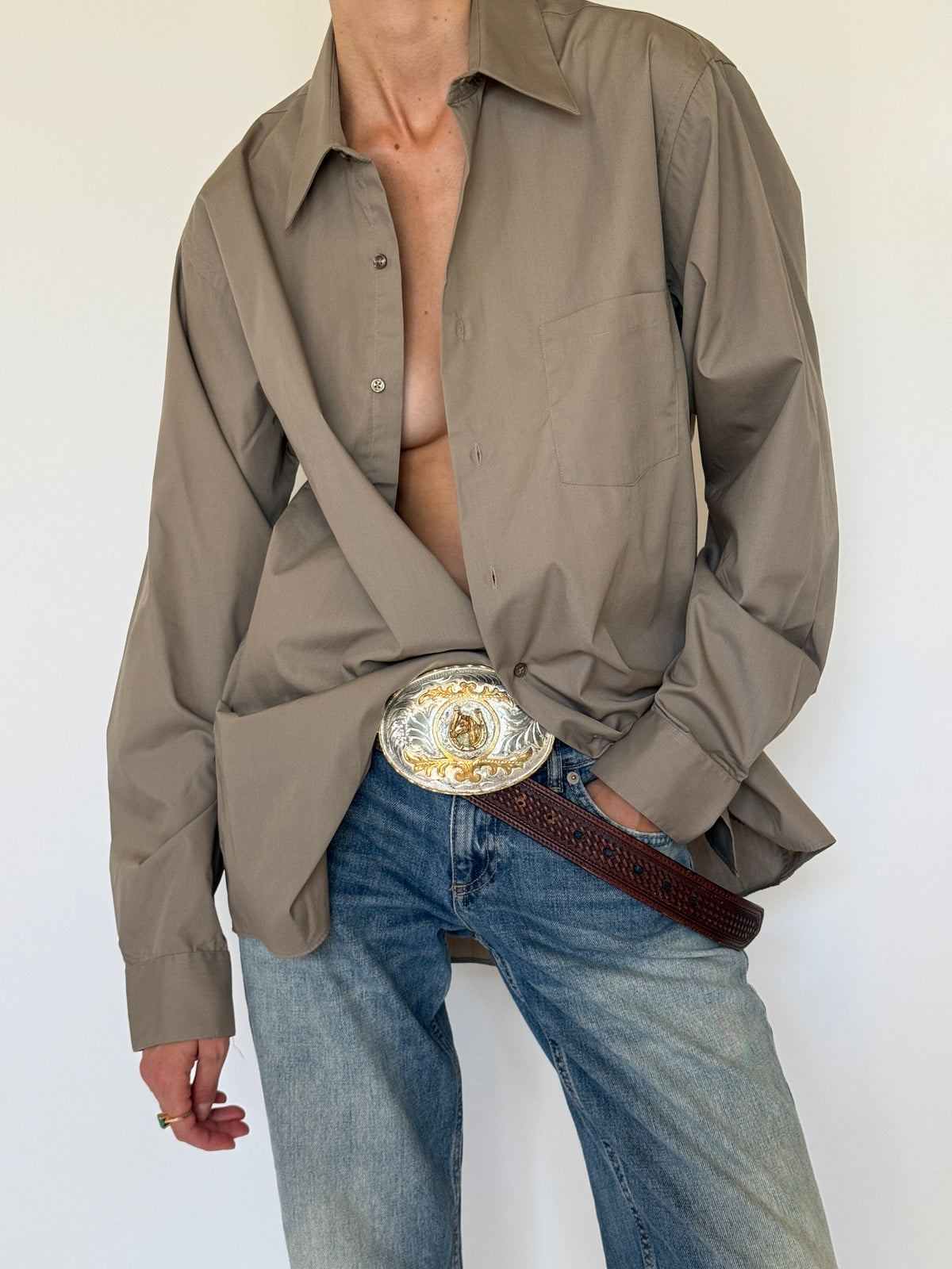 Vintage taupe cotton blend shirt fabric close-up