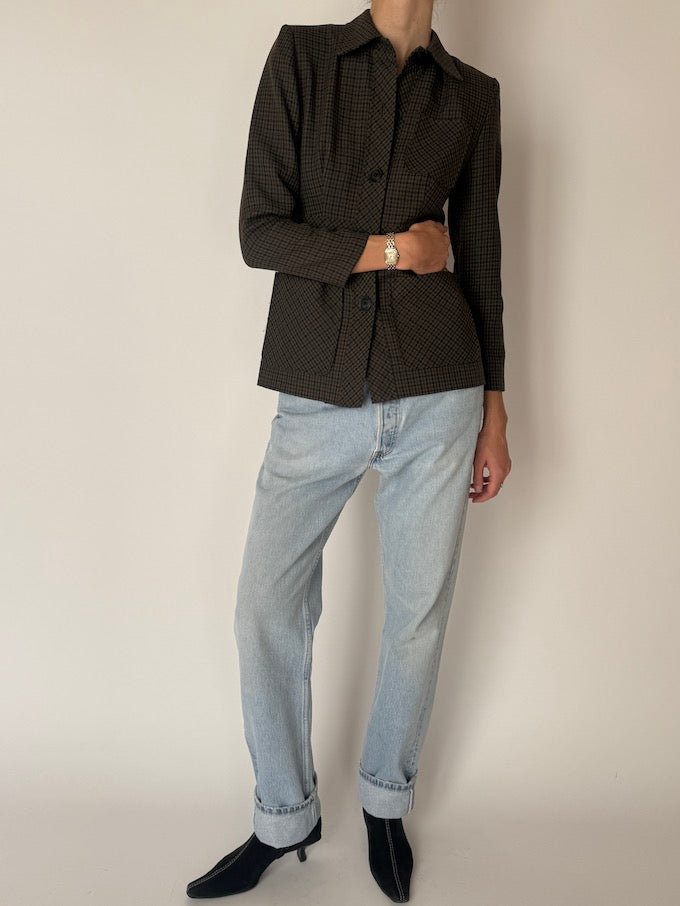 Vintage Micro-Check Fitted Blazer Jacket Brown 6651