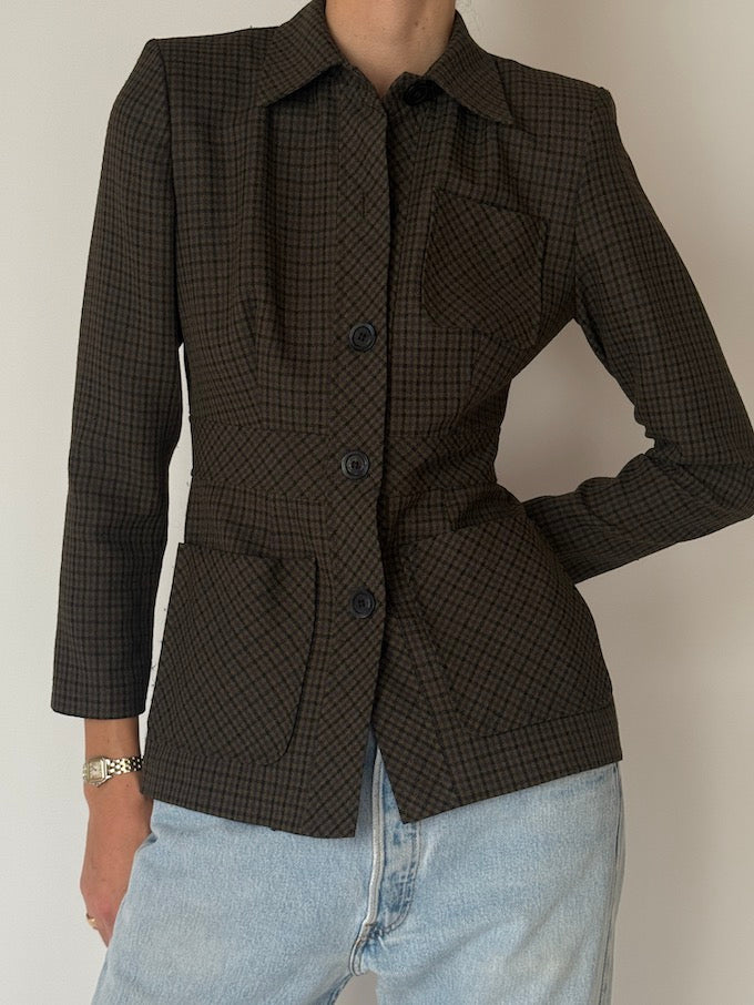 Vintage Micro-Check Fitted Blazer Jacket Brown 6651