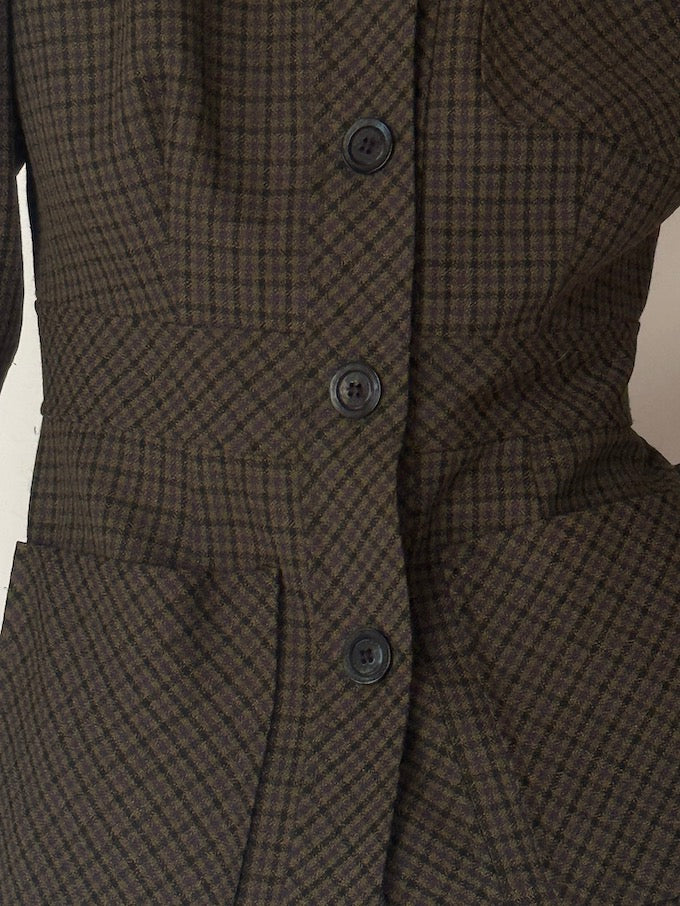 Vintage Micro-Check Fitted Blazer Jacket Brown 6651