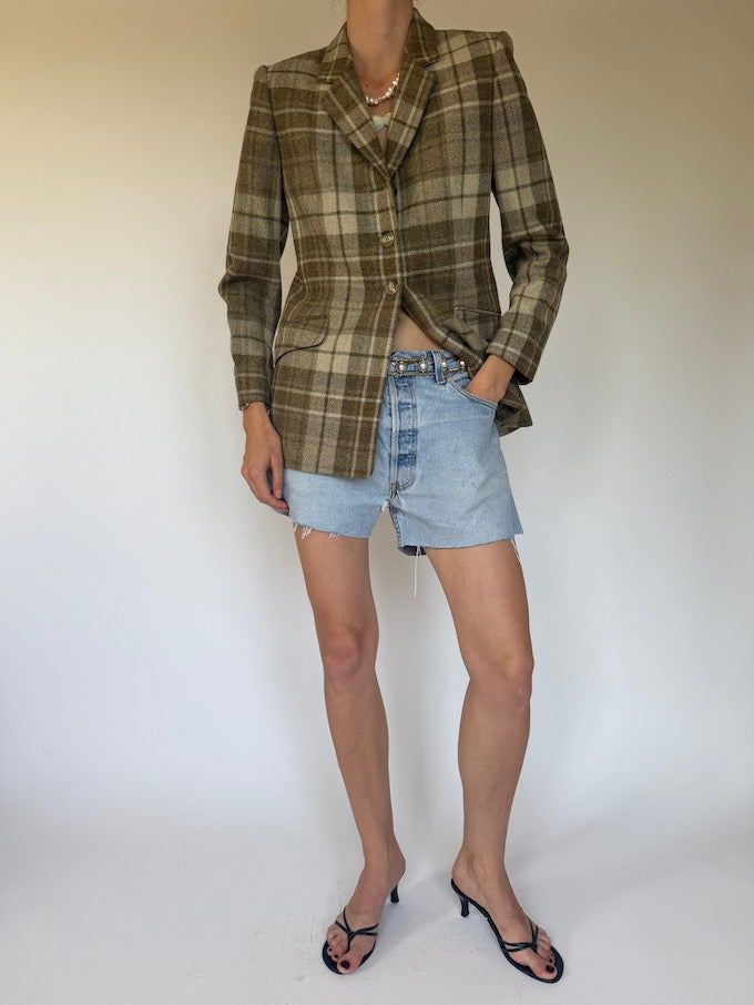 Vintage Olive & Beige Plaid Wool Blazer 6340