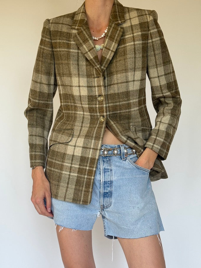Vintage Olive & Beige Plaid Wool Blazer 6340