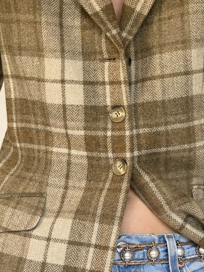 Vintage Olive & Beige Plaid Wool Blazer 6340