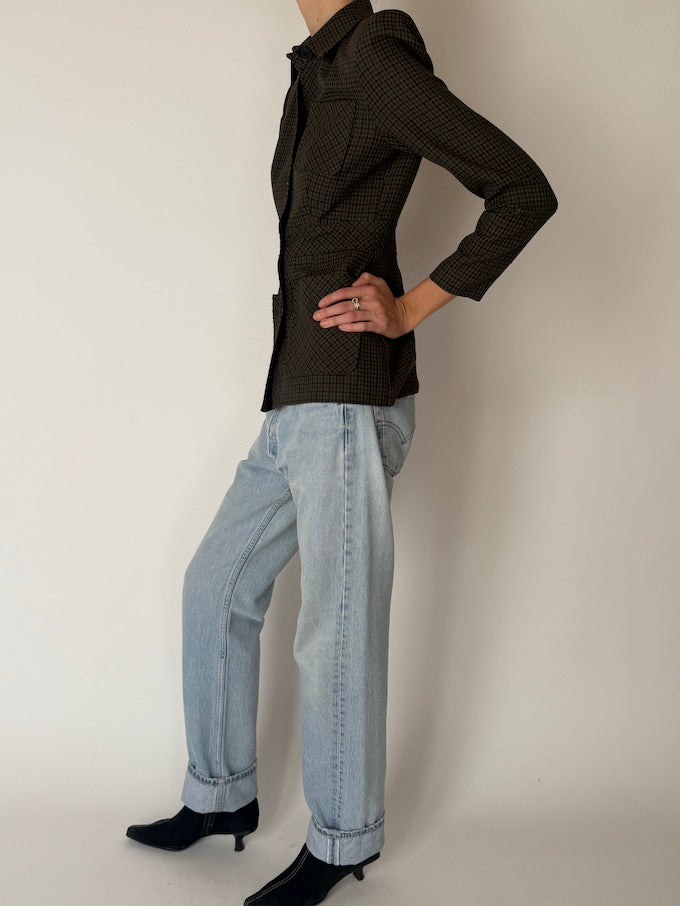 Vintage Micro-Check Fitted Blazer Jacket Brown 6651