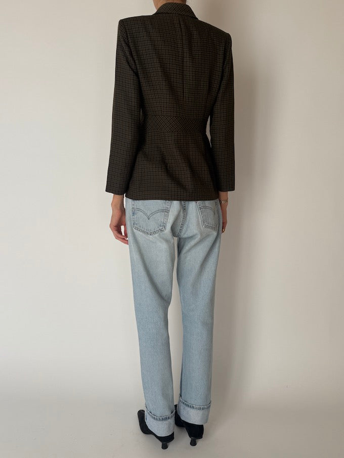 Vintage Micro-Check Fitted Blazer Jacket Brown 6651