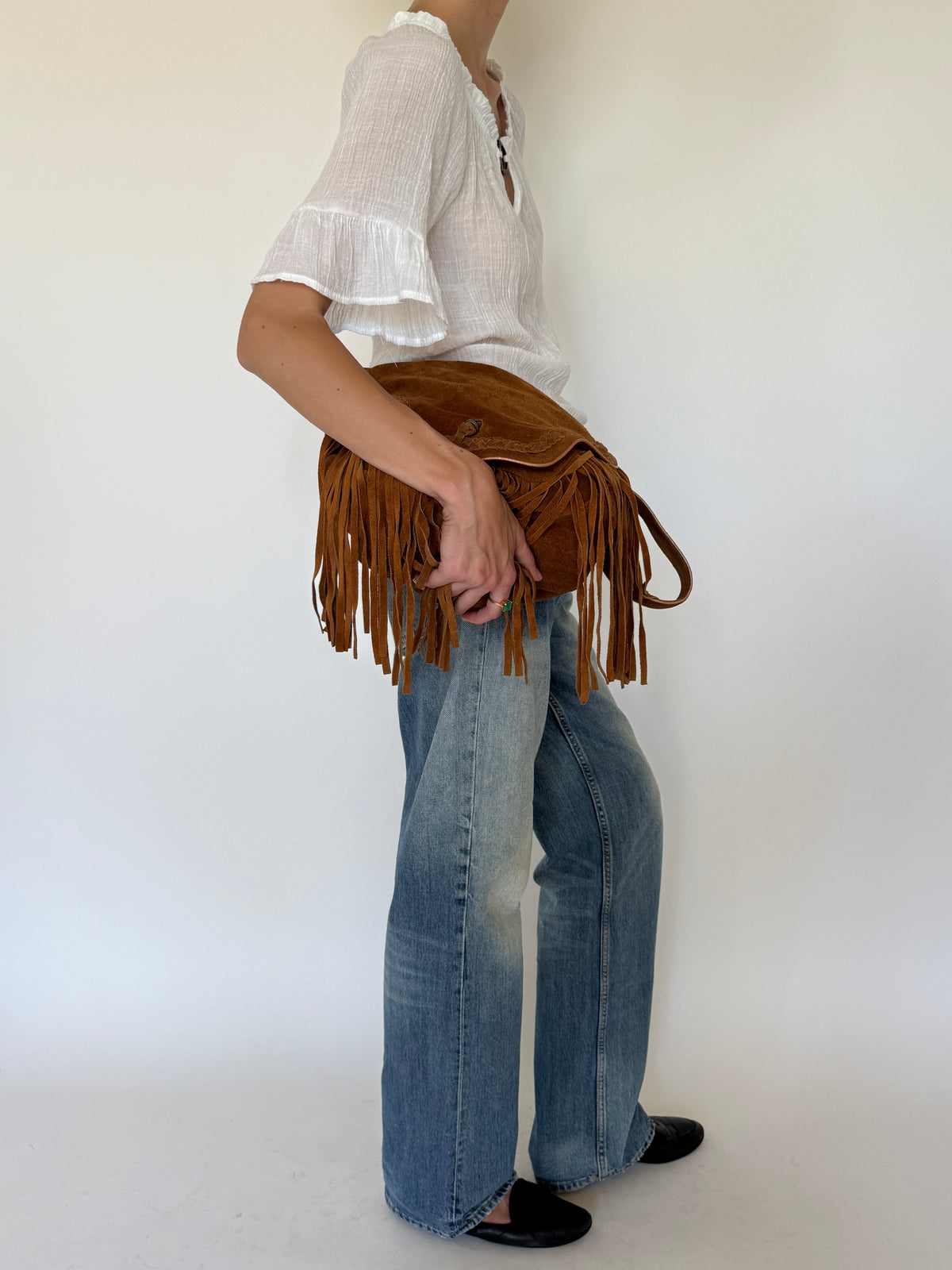 Vintage white sheer ruffle blouse side view