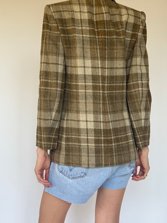 Vintage Olive & Beige Plaid Wool Blazer 6340