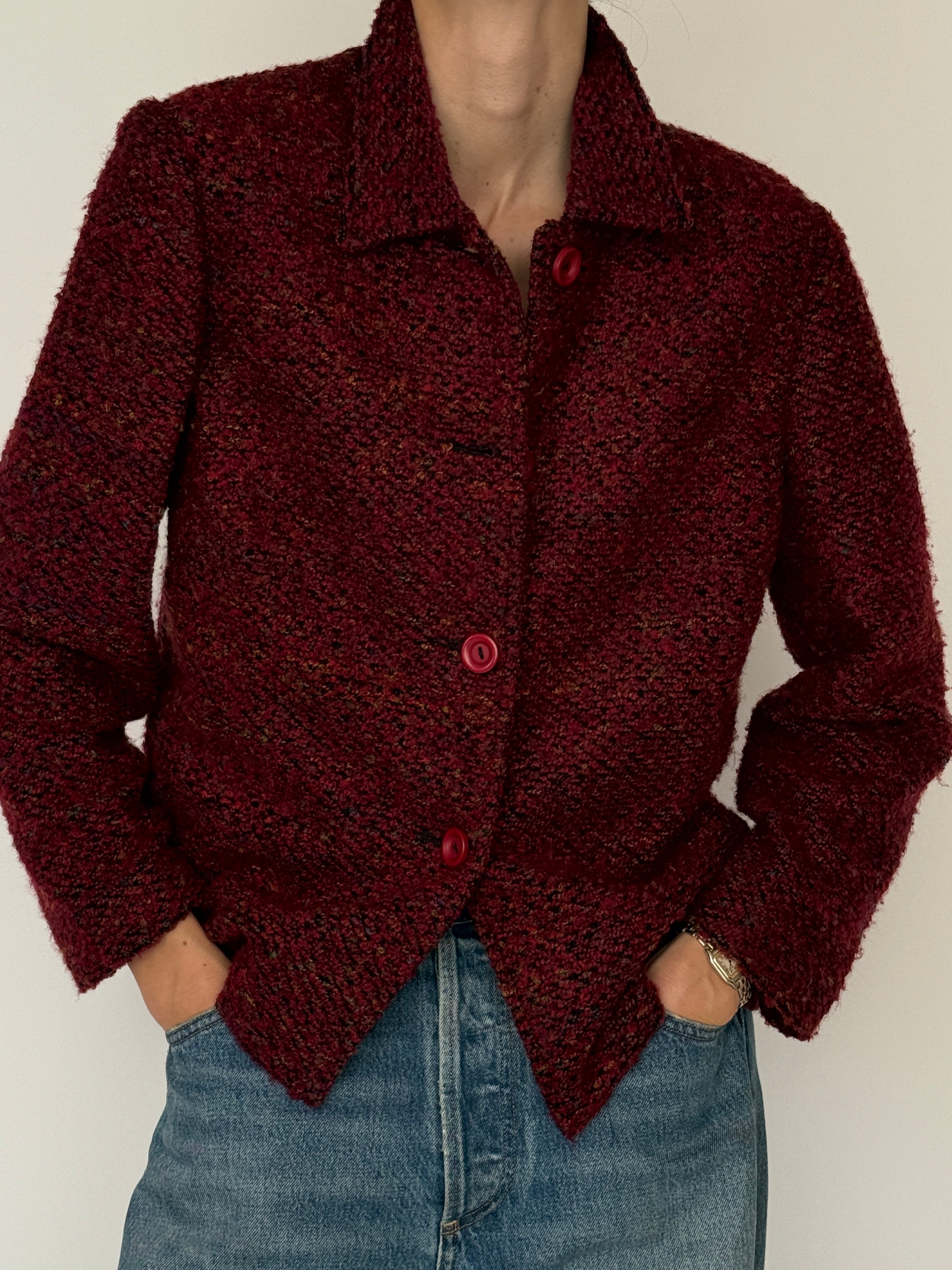 Vintage bouclé jacket burgundy button detail
