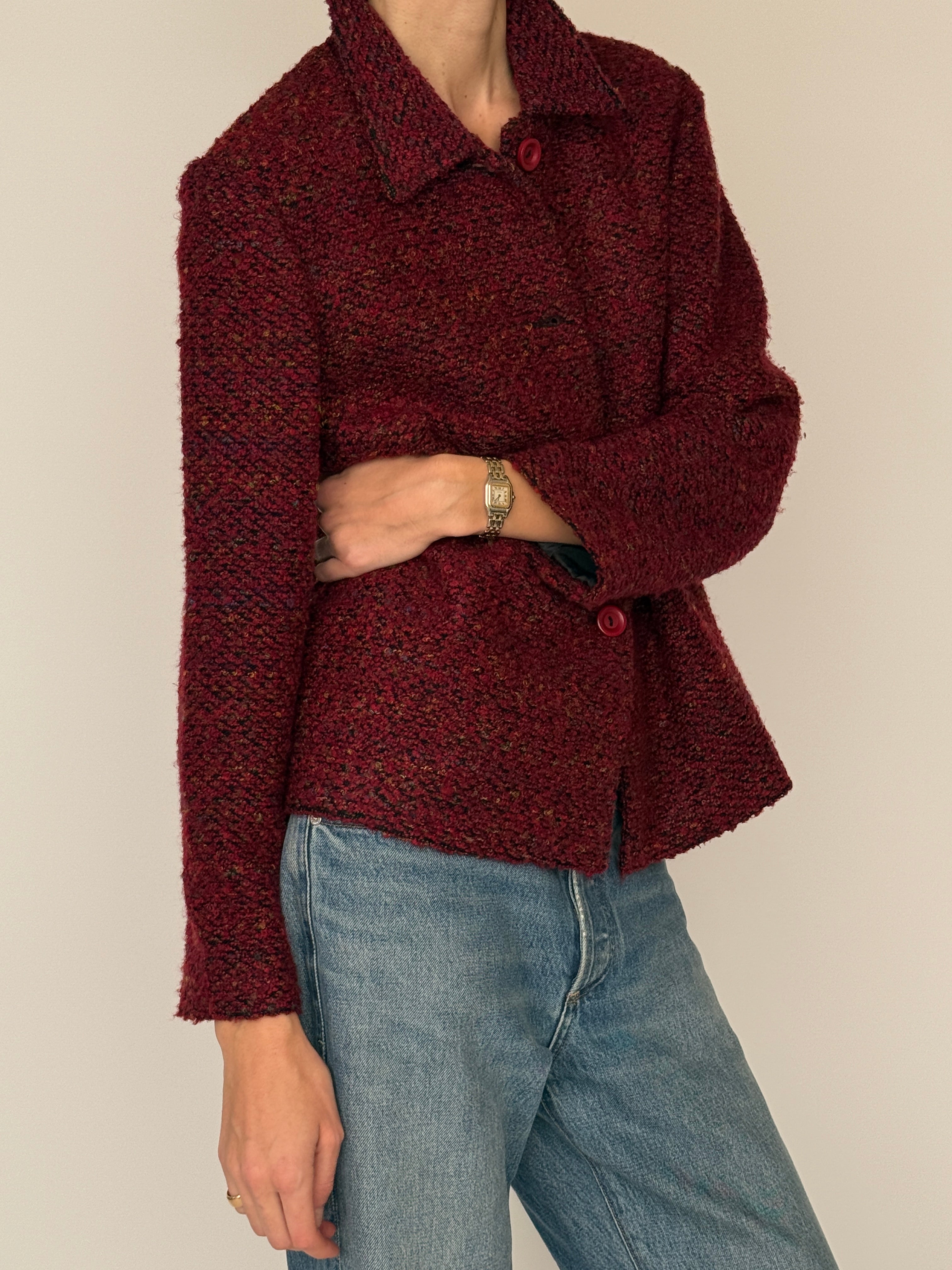 Vintage burgundy bouclé jacket side view