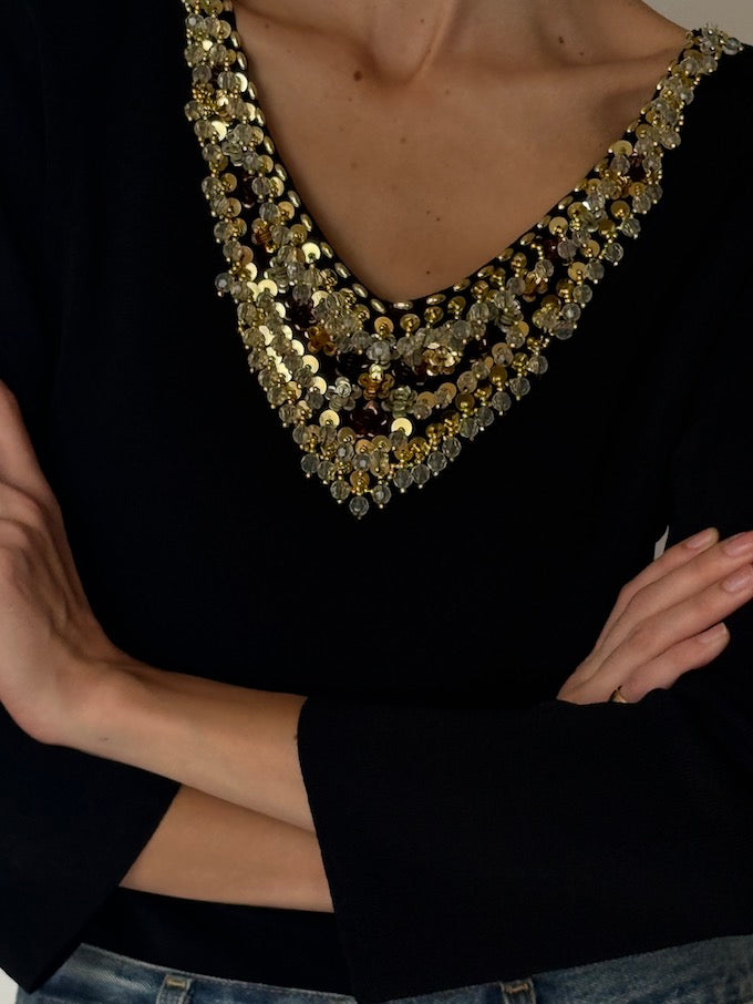 Vintage Black Embellished Knit Top 6655