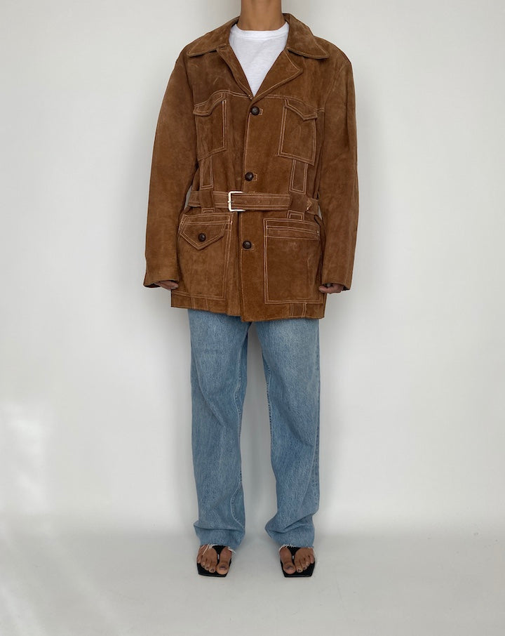 VINTAGE BROWN SUEDE LEATHER JACKET WITH WAIST BELT 2443
