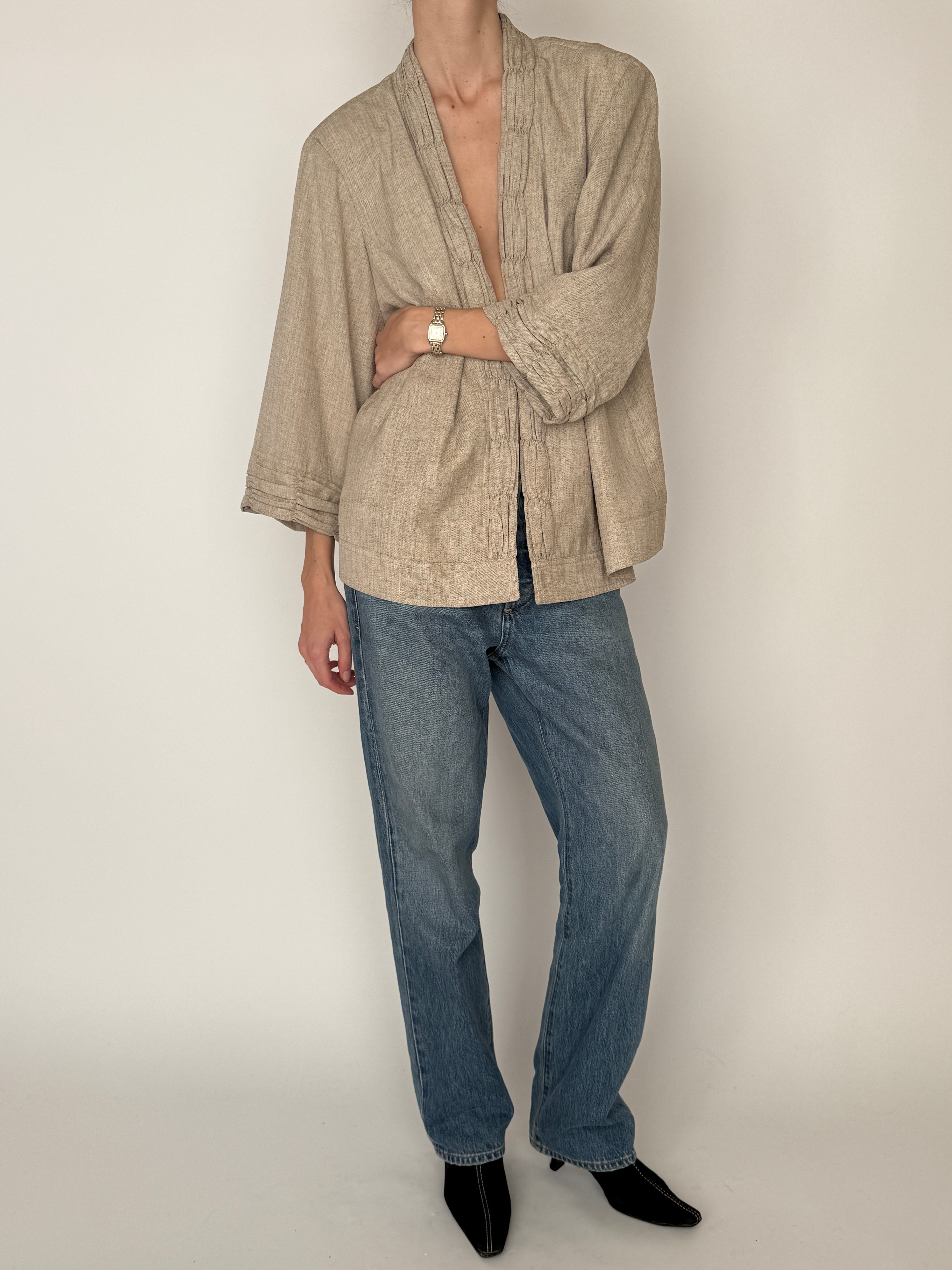 Vintage oatmeal open-front jacket side view