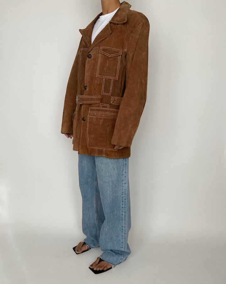 VINTAGE BROWN SUEDE LEATHER JACKET WITH WAIST BELT 2443