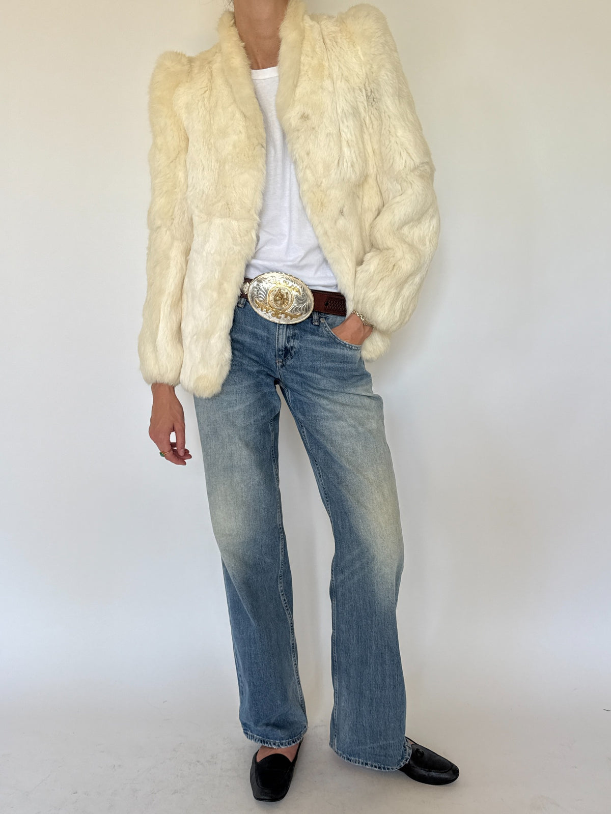 Vintage ivory real fur jacket styled front angle