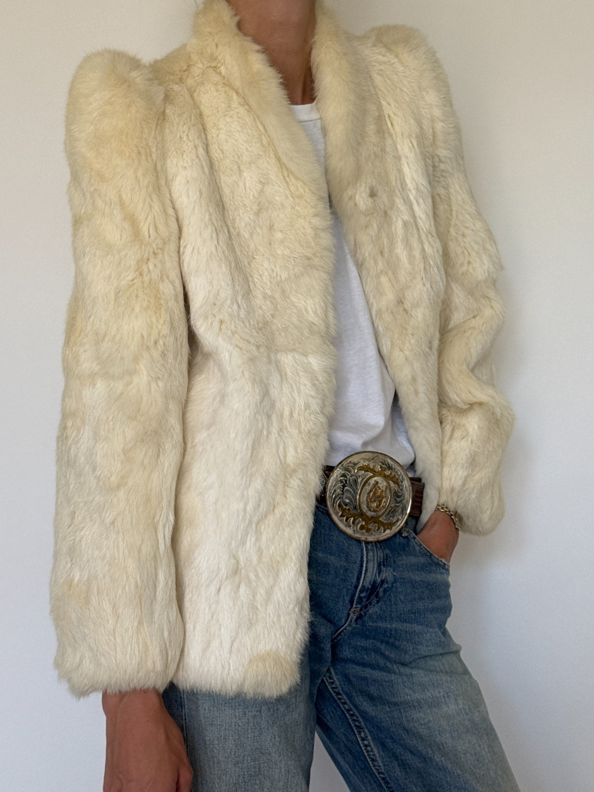 Vintage ivory real fur jacket front view