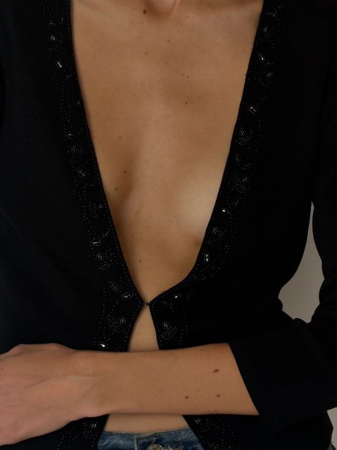 Vintage Deep V Beaded Cardigan Black 6656