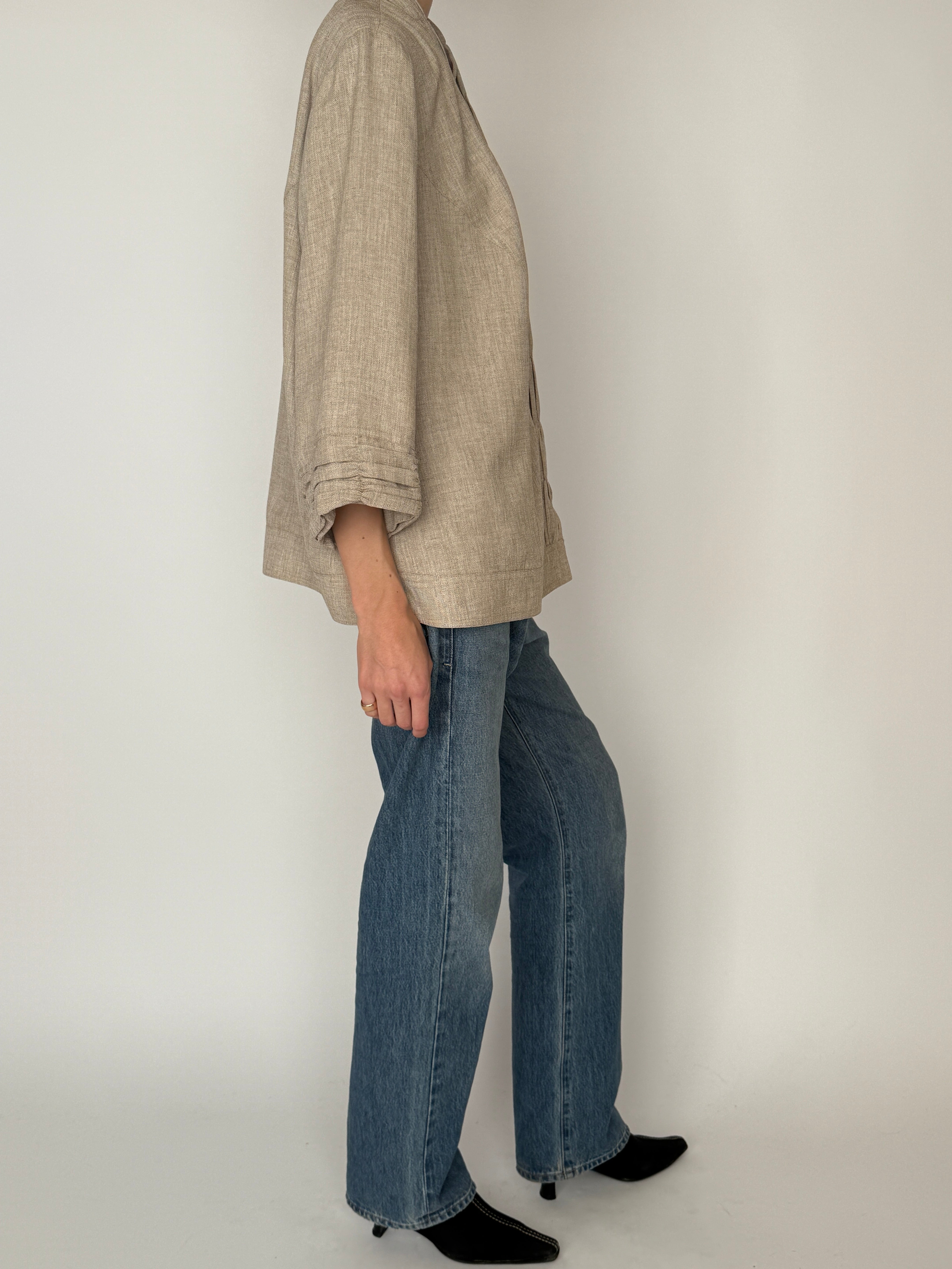 Vintage oatmeal open-front jacket side view