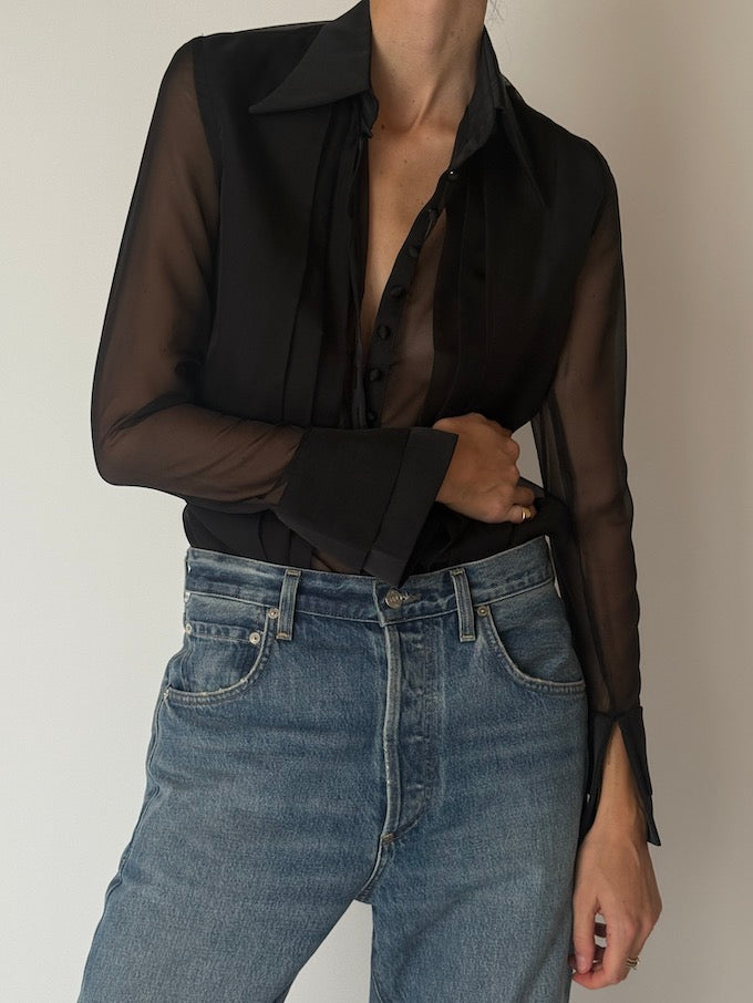 Vintage Sheer Black Button-Up Blouse 6658