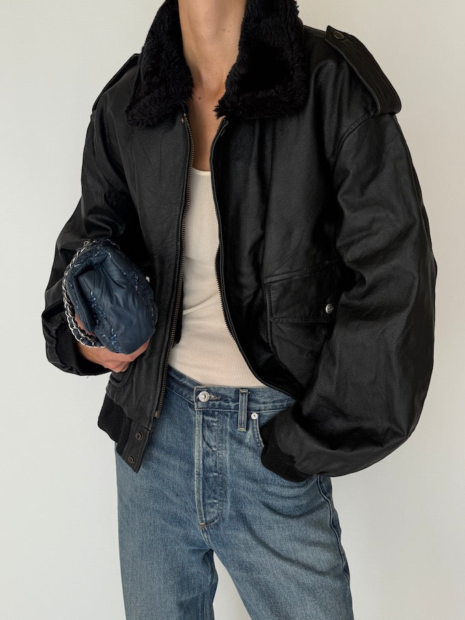 Vintage Oversized Leather Jacket In Black 5424