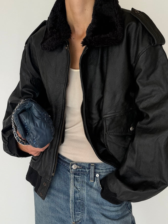 Vintage Oversized Leather Jacket In Black 5424