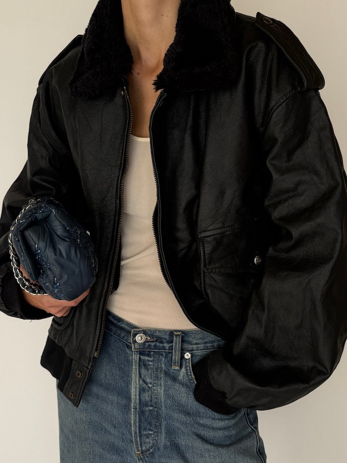 Vintage Oversized Leather Jacket In Black 5424
