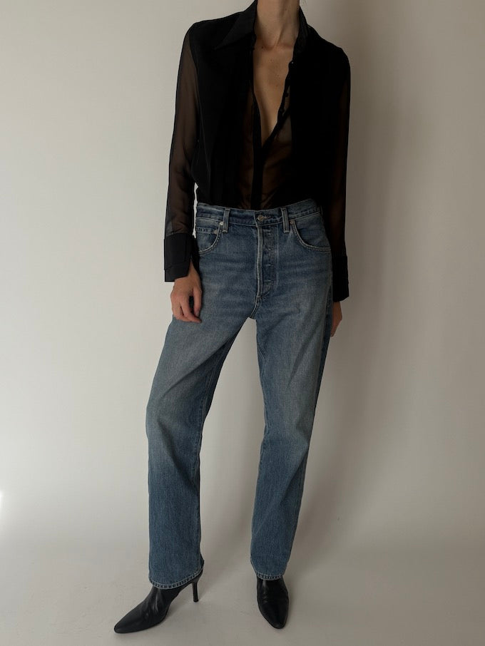 Vintage Sheer Black Button-Up Blouse 6658