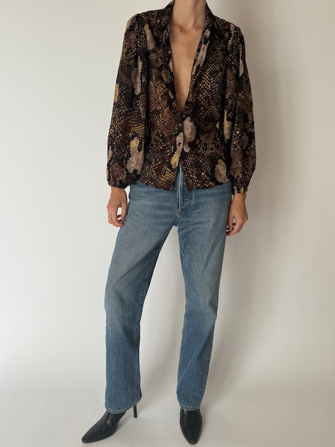 Vintage Snakeskin Print Blouse Brown & Beige 6659