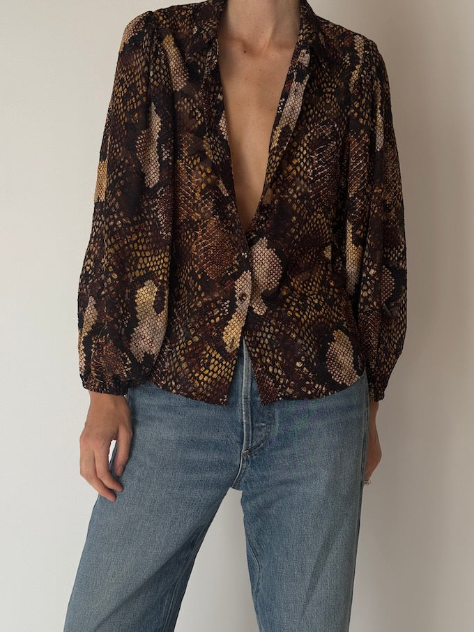 Vintage Snakeskin Print Blouse Brown & Beige 6659