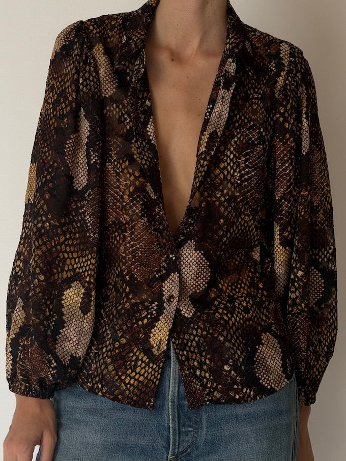 Vintage Snakeskin Print Blouse Brown & Beige 6659