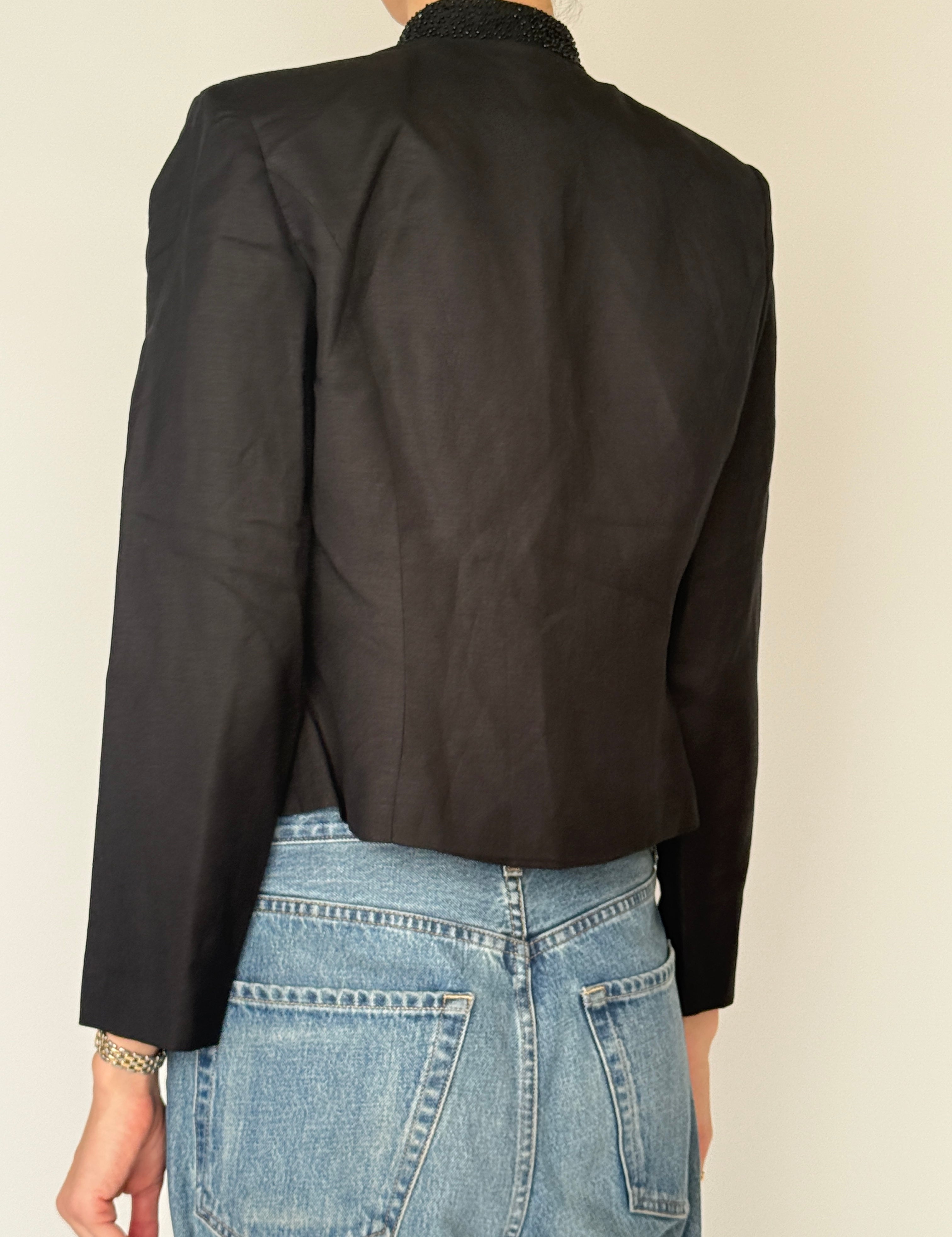 Vintage black beaded linen blend jacket back view clean cropped fit