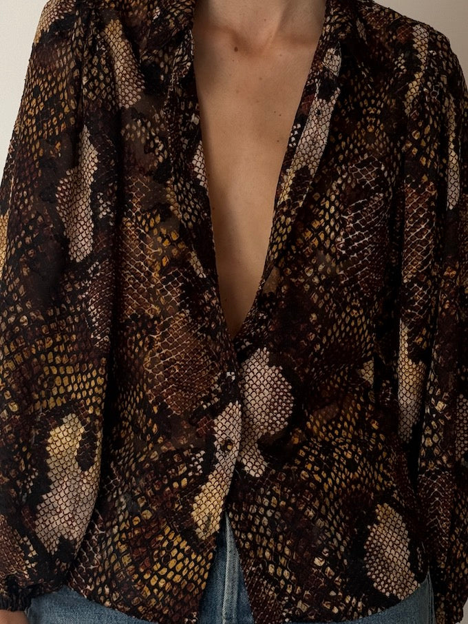 Vintage Snakeskin Print Blouse Brown & Beige 6659