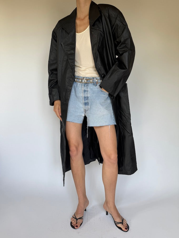 Vintage Long Leather Jacket Black 6349